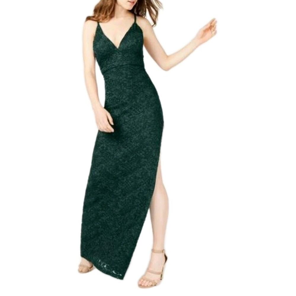 Emerald Green Lace Long Maxi Dress XS Formal Gown Side Slit Prom Evening Party